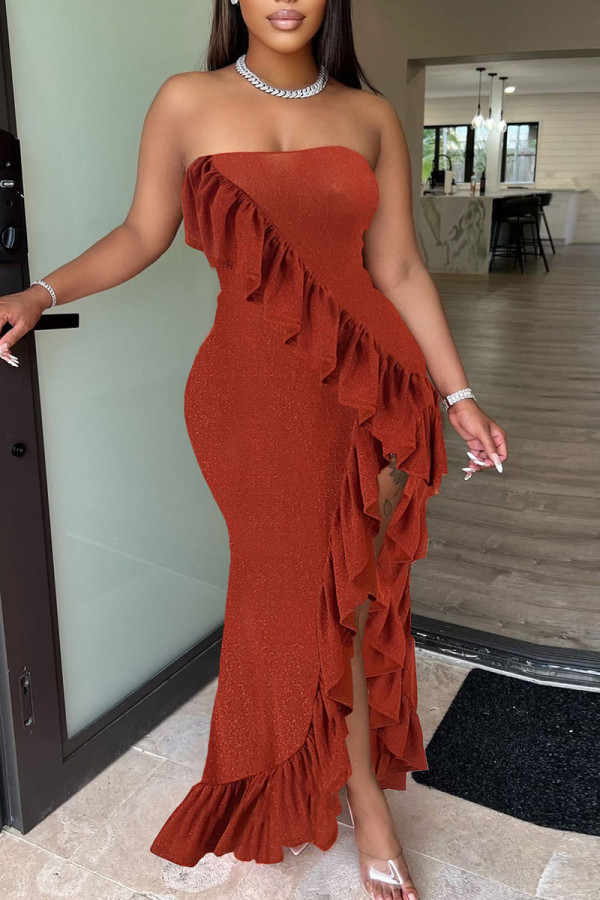 Rust Red Sexy Solid Patchwork Flounce Asymmetrical Strapless Irregular Dress Dresses