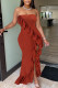 Rust Red Sexy Solid Patchwork Flounce Asymmetrical Strapless Irregular Dress Dresses