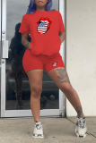 Red Casual Lips Printed Patchwork O Neck Short Sleeve Two Pieces