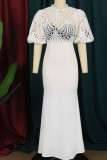 White Sexy Elegant Solid Hollowed Out Patchwork O Neck Evening Dress Dresses