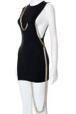 Black Sexy Solid Tassel Patchwork O Neck One Step Skirt Dresses
