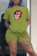 Green Casual Lips Printed Patchwork O Neck Short Sleeve Two Pieces