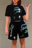 Red Casual Street Print Patchwork O Neck Short Sleeve Two Pieces