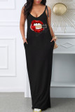 Grey Casual Print Patchwork Spaghetti Strap Long Dress Dresses