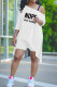 White Fashion Casual Letter Print Asymmetrical Oblique Collar Half Sleeve Two Pieces
