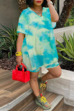 Green Fashion Patchwork Tie-dye V Neck Short Sleeve Two Pieces