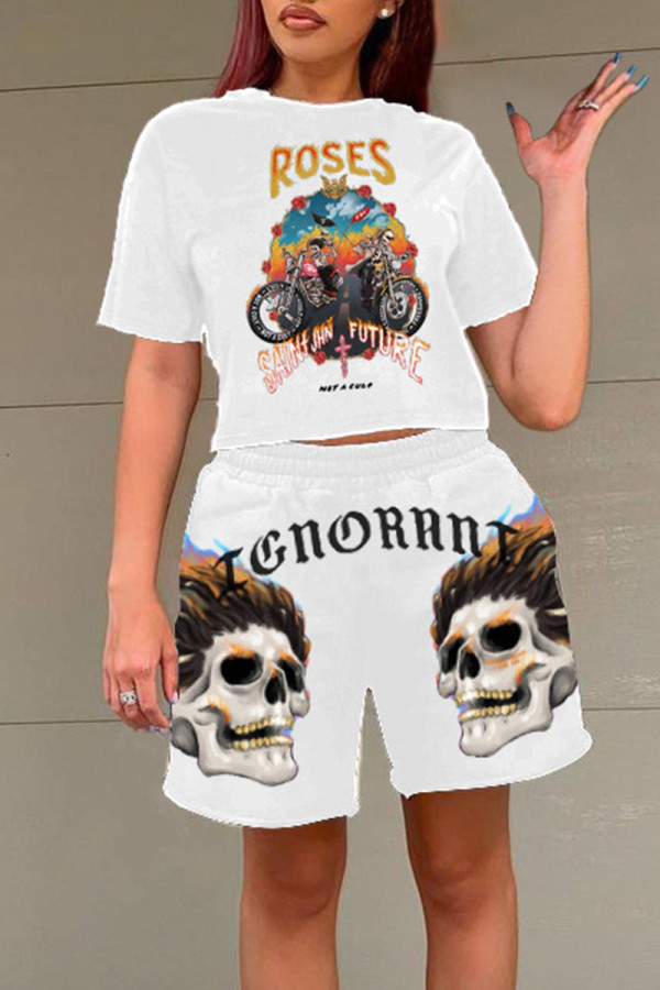 White Brown Casual Street Print Patchwork O Neck Short Sleeve Two Pieces