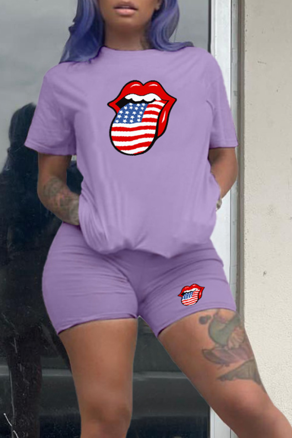 Purple Casual Lips Printed Patchwork O Neck Short Sleeve Two Pieces