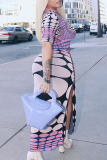 Purple Sexy Print Cross Straps O Neck Short Sleeve Two Pieces