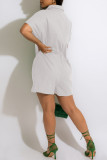 White Casual Solid Pocket Buttons Turndown Collar Loose Rompers