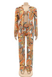 Orange Fashion Casual Print Basic Turndown Collar Long Sleeve Three-piece Set
