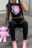 Black Sexy Print Patchwork O Neck T-Shirts