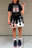 Red Casual Street Print Patchwork O Neck Short Sleeve Two Pieces