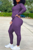 Purple Casual Solid O Neck Long Sleeve Two Pieces