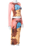 Pink Brown Casual Street Print Patchwork O Neck Long Sleeve Two Pieces