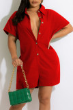Orange Casual Solid Pocket Buttons Turndown Collar Loose Rompers