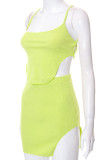Green Sexy Solid Bandage Patchwork Backless Asymmetrical Spaghetti Strap Sleeveless Two Pieces