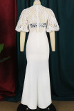 White Sexy Elegant Solid Hollowed Out Patchwork O Neck Evening Dress Dresses