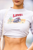 White Fashion Print Patchwork O Neck T-Shirts