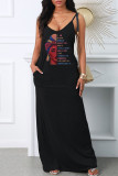 Grey Sexy Print Patchwork Spaghetti Strap Long Dress Dresses