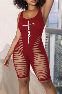 Red Sexy Print Hollowed Out Patchwork U Neck Skinny Jumpsuits
