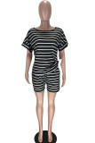 Black Fashion Active Striped Print Two Piece Suits Straight Short Sleeve Two Pieces