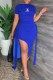 Royal Blue Fashion Celebrities Print Letter Off the Shoulder Short Sleeve Two Pieces