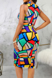 Colour Casual Print Patchwork O Neck One Step Skirt Dresses