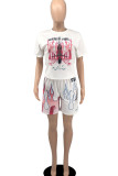 Red Casual Street Print Patchwork O Neck Short Sleeve Two Pieces