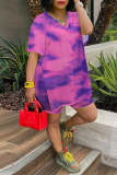 Purple Fashion Patchwork Tie-dye V Neck Short Sleeve Two Pieces