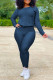 Navy Blue Casual Solid O Neck Long Sleeve Two Pieces