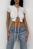 White Sexy Solid Draw String O Neck T-Shirts