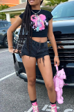 Black Sexy Print Patchwork O Neck T-Shirts