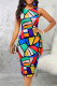 Colour Casual Print Patchwork O Neck One Step Skirt Dresses