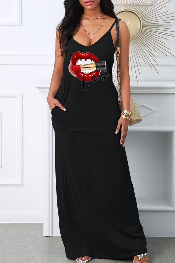 Black Casual Print Patchwork Spaghetti Strap Long Dress Dresses
