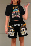 Red Casual Street Print Patchwork O Neck Short Sleeve Two Pieces
