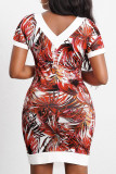 Brick Red Casual Print Patchwork V Neck One Step Skirt Dresses