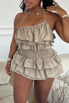 Khaki Sexy Solid Patchwork Flounce Halter A Line Dresses