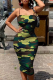 Army Green Sexy Print Patchwork Spaghetti Strap Pencil Skirt Dresses