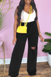 Black Casual Solid Ripped Patchwork Straight High Waist Straight Solid Color Bottoms