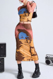 Pink Brown Casual Street Print Patchwork O Neck Long Sleeve Two Pieces