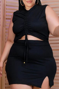 Black Sexy Solid Draw String V Neck Plus Size Two Pieces