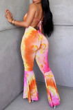 Red Sexy Print Bandage Patchwork Backless Flounce V Neck Straight Jumpsuits