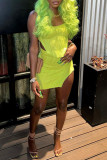 Green Sexy Solid Bandage Patchwork Backless Asymmetrical Spaghetti Strap Sleeveless Two Pieces