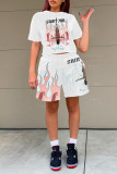 Red Casual Street Print Patchwork O Neck Short Sleeve Two Pieces