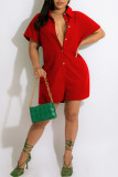 Red Casual Solid Pocket Buttons Turndown Collar Loose Rompers