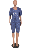 Blue Fashion Print Patchwork V Neck Straight Rompers