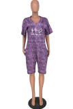 Purple Fashion Print Patchwork V Neck Straight Rompers