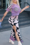 Purple Sexy Print Patchwork O Neck T-Shirts