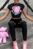 Black Sexy Print Patchwork O Neck T-Shirts